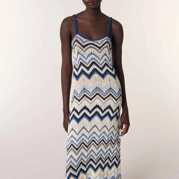 MAJE Crochet Knit Maxi Dress Zigzag V Stretchy Weaved, Size 38, Retail $469 - Picture 1 of 14